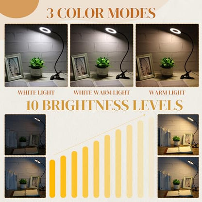 Glooglitter 4 Pcs Clip on Light 48 LEDs USB Ring Light with 3 Color Modes and 10 Brightness Dimmable, Eye Protection, 360 Flexible Neck for Desk, Headboard, Reading