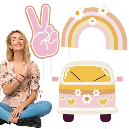 Soulchen 3 Pcs 24 Inch Large Hippie Photo Booth Props Retro Groovy Birthday Party Decorations Boho Bus Peace Sign Hand Rainbow Daisy Frame Backdrop for 60s 70s Hippie Party Supplies - style: Hippie