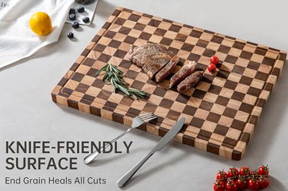 THETCHRY Cutting Boards for Kitchen, Extra Large Chopping Board for Stovetop, Checkered Acacia Wood Cutting Board with Juice Grooves, Butcher Block with Gift Box, 20" x 15" x 1" - size: 20"×15"×1"
