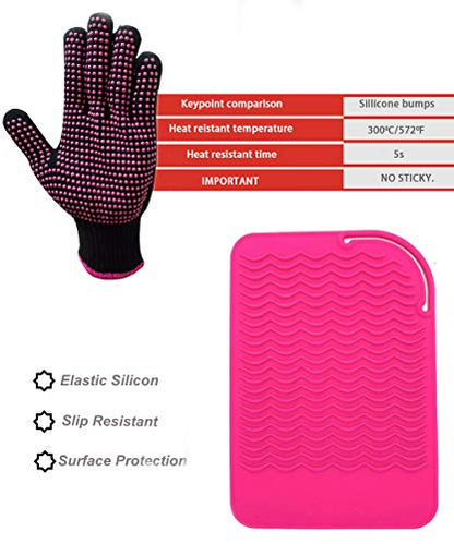 Heat Resistant Glove with Heat Resistant Mat for Curling Iron, Hair Straightener, Flat Irons, Silicone Bump Glove, 9” x 6.5” Food Grade Silicone Mat, Pink - color: Pink G