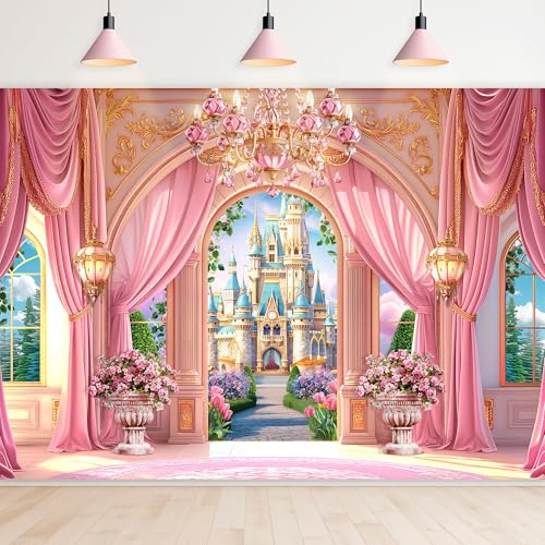 Newsely Princess Castle Garden Backdrop 7Wx5H Photography Pink Palace Curtain Floral Green Plants Cloud Crystal Lamp Sky Cute Background Girly Party Decorations Banner Photo Booth Props Supplies - color: A-Castle, size: 7Wx5H