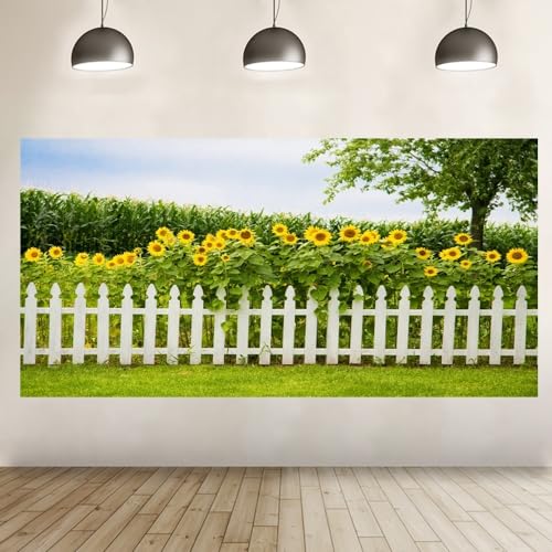 Leyiyi Spring Natural Scenery Backdrop 20x10ft Photography Backdrop Blossoming Yellow Sunflowers Tall Lush Tree White Wooden Textured Fence Family Children Baby Girl Personal Portraits Studio Props - size: 20x10ft