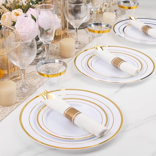 BESTVIP 100 Pack Pre Rolled Gold Plastic Silverware Set, Disposable Wrapped Cutlery Set with 100 Napkins, 100 Knives, 100 Forks and 100 Spoons for Party, Birthday - color: Gold