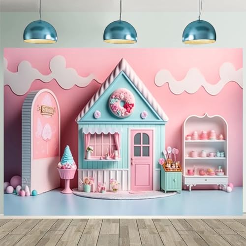 Pink Ice Cream Shop Candy House Background for Photoshoot Girl Birthday Party Decoration Children Happy First 1st Birthday Party Backdrop Summer Candy House Baby Shower Backdrop (7X5FT) - size: 7X5FT