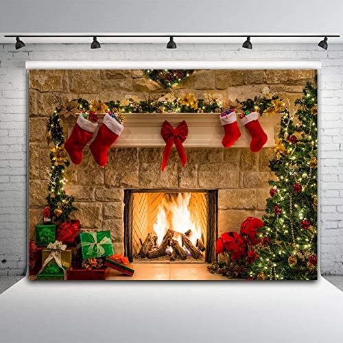 8x6ft Fireplace Holiday Photography Backdrop Photo Booths Studio Props Vinyl Christmas Stocking Tree Photo Background Winter Xmas Birthday Party Decorations Baby Shower Supplies - size: 8x6ft