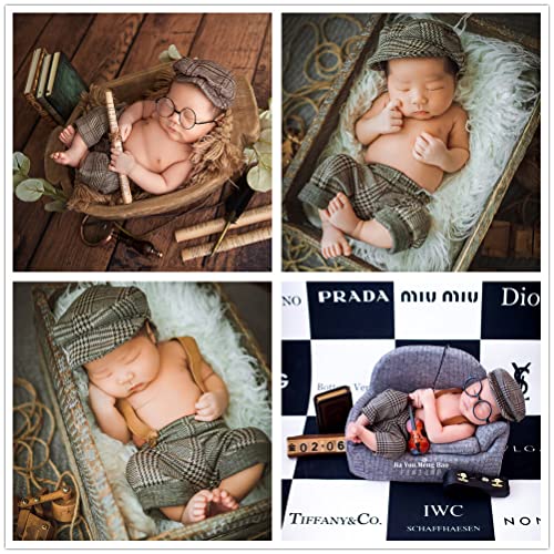 Newborn Monthly Baby Photo Props Stripe Checked Flat Cap Newsboy Suspender Pants Romper for Photography Outfits - color: Creamy Gray