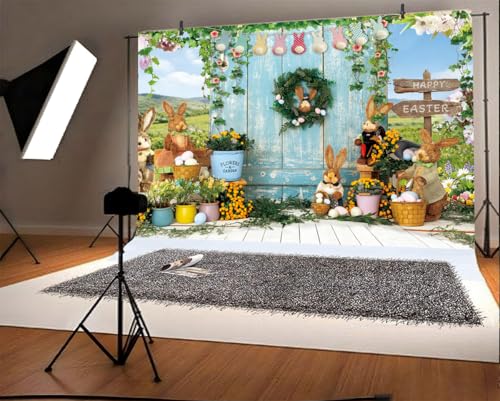 ChromaVerse 8X6FT Easter Photography Backdrop, Spring Bunny Theme with Rustic Wood Door, Flowers and Happy Easter Decoration CV-200 - size: 8X6FT