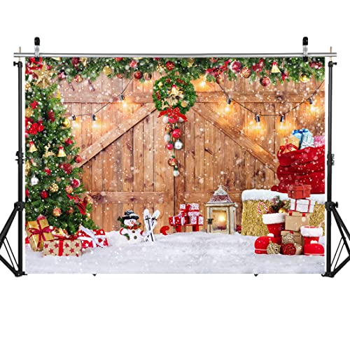Rustic Christmas Barn Wood Door Backdrop for Photography Xmas Tree Snow Gift Wall Floor Party Photo Background Winter Holiday Family Supplies Banner Decoration Studio Props 12391 (8x6FT) - size: 8x6FT