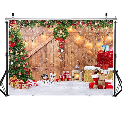 Rustic Christmas Barn Wood Door Backdrop for Photography Xmas Tree Snow Gift Wall Floor Party Photo Background Winter Holiday Family Supplies Banner Decoration Studio Props 12391 (12x10FT) - size: 12x10FT