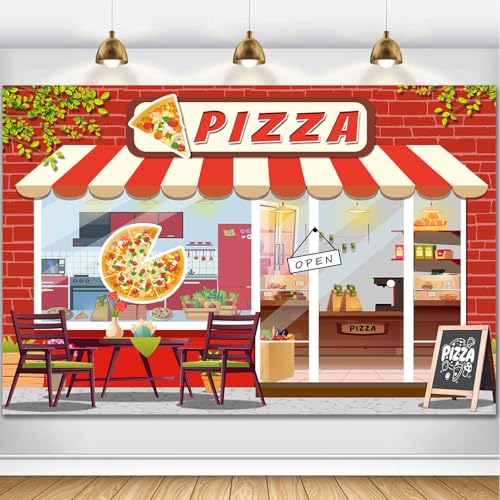 Pizza Shop Backdrop Kids Cooking Theme Vintage Pizzeria Photography Background Baby Shower Boys Girls Birthday Party Cake Table Decor Banner Portrait Photo Booth Studio Props 7x5ft FU04DX - size: 7x5ft