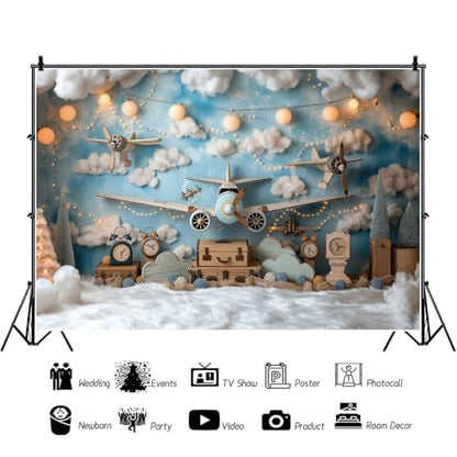 YongFoto Travel Adventure Aircraft Backdrop 6x4ft Cute Clouds Sky Airplane Photography Background Adventure Awaits Baby Shower Boy 1st 2nd Birthday Party Banner Kids Portraits Photoshoot Wallpaper - color: Style 2, size: 6ftx4ft