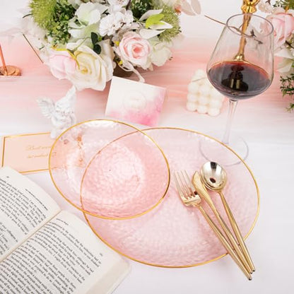 Rubtlamp 60Pcs Pink Plastic Plates,Clear Pink Plates With Gold Rim,Hammered Gold Plates Include 30Pink Plastic Dessert Platos, 30Gold Dinner Platos For Party - color: Clear Gink Gold