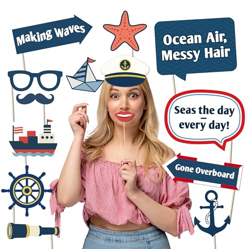 Nautical Sailing Party Photo Booth Props, 20-Piece Ocean and Captain Themed Decorations for Beach Parties, Birthdays, and Summer Events