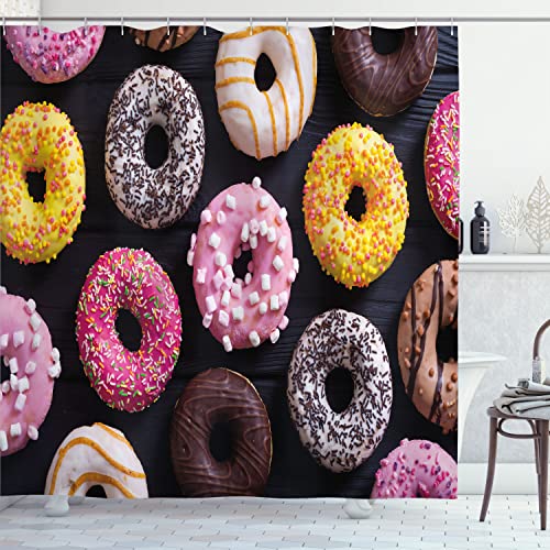 Ambesonne Donut Shower Curtain, Top Scene of Creamy Chocolate Colorful Doughnuts Cooking Art Print, Cloth Fabric Bathroom Decor Set with Hooks, 69" W x 70" L, Pale Fuchsia and Mustard - color: Pale Fuchsia and Mustard, size: 69" W x 70" L
