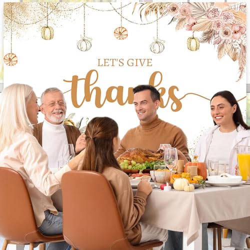 AIBIIN 7x5ft Let's Give Thanks Backdrop Happy Thanksgiving Party Background Boho Floral Pumpkins Friendsgiving Party Decorations Banner Photo Studio Props - size: 7x5ft