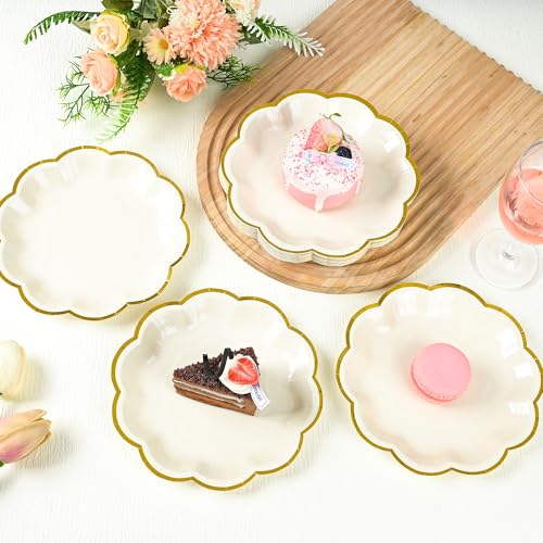 AimFun Beige Party Plates Cream Dessert Paper Plates 7inch Gold Foil Scalloped Edge Disposable Cake Plates for Tea Party Birthday Bridal Baby Shower Wedding Party Supplies (48, Beige) - color: Beige