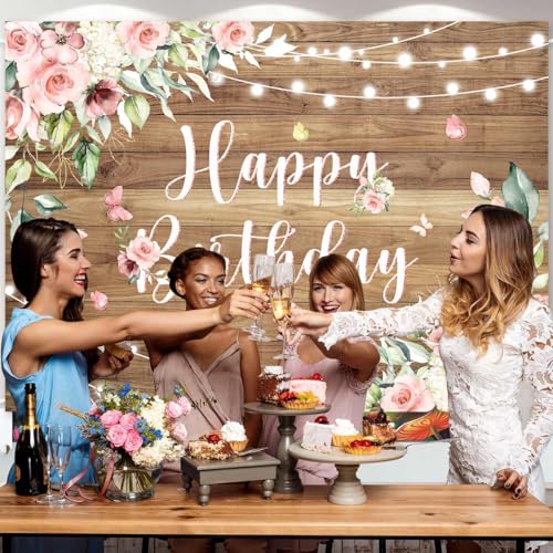 Sensfun Rustic Wood Floral Birthday Backdrop Banner Pink Flower Wooden Photography Background Butterfly Women Girls Birthday Party Decorations Supplies Photo Booth Props 7x5ft - size: 7x5Ft