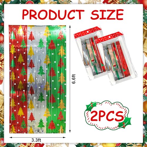 2 Pack Christmas Foil Fringe Curtains 3.3 x 6.6 Ft Christmas Tree Tinsel Curtain Red Green Silver Xmas Trees Metallic Foil Backdrop Colorful Photo Booth Prop Door Streamers for Xmas Party Wall Decor