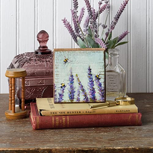 Primitives by Kathy Lavender and Bees Sign for Home Décor, Natural Wood Block Sign, Rustic Style with Distressed Details, Hand Painted Art, 4 by 4 Inches, Designed for Wall or Tabletop Display