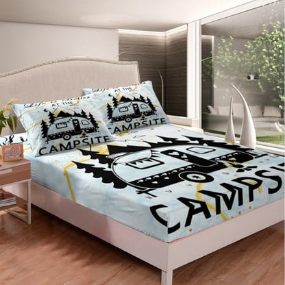 Feelyou Marble RV Camping Bed Sheets Set Happy Camping Sheet Set Cartoon Camping Car Sheets with Deep Pocket Fitted Sheet Blue Marble Texture Bedroom Decor Farmhouse Bedding Set Bed Set Queen Size - size: Queen