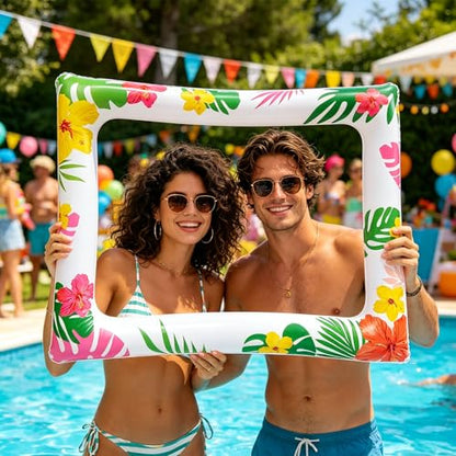 29 PCS Hawaiian Party Photo Booth Props Kit, LMSHOWOWO Inflatable Hawaiian Photo Booth Frame Selfie Frame, Funny Summer Luau Photo Booth Props for Hawaiian Tropical Tiki Summer Pool Party Supplies - color: Colorful Hawaiian