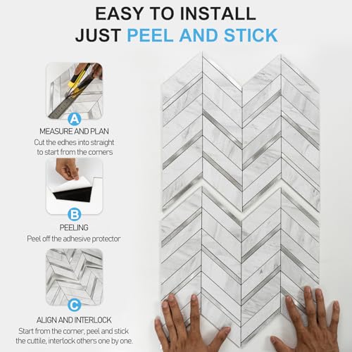 Herringbone Peel and Stick Backsplash, 10-Sheet Peel and Stick Wall Tiles Self Adhesive PVC Tile Stick on Backsplash Tiles for Kitchen Fireplace - color: White Marble Mixed Silver Metal