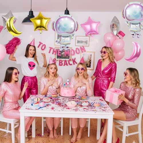 Pink Astronaut Balloons Set, 6 Pcs Space Balloon with Pink Gold Moon Star Balloon Helium for Girls Spaces Birthday Party Planet Theme Party Decoration Baby Shower Galaxy Planet Space Party Decorations - style: Pink Space