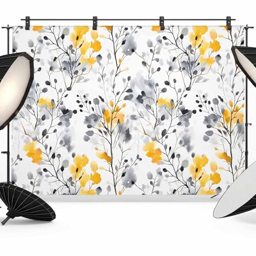 Vintage Yellow Backdrop for Photography, Gray Wildflowers Leaves Abstract Botanical Photo Backdrop Portrait Background Party Banner Photo Backgrounds for Studio Booth Props, 8x6ft - color: White Yellow Gray, size: 8x6FT