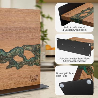 FINDKING Magnetic Knife Block, Double-Sided Knife Holder with Strong Magnets, Acacia Wood and Golden Green Resin, Countertop Kitchen Knife Storage Stand (12 × 10 Inches, Without Knives) - color: Golden Green