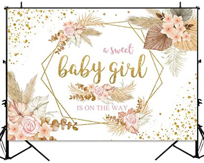 Sensfun Boho Sweet Girl Baby Shower Backdrop It's A Girl Baby Shower Photography Background Blush Pink Floral Pampas Grass Party Decorations Banner Newborn Photo Shoot Props 7x5ft