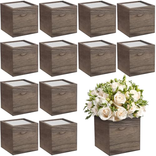 Suzile 12 Set 4 Inch Wooden Planter Box Flower Square Vases for Centerpiece Rustic Cube Planter Box with Removable Foam Blocks Liner Square Vase Craft for Garden Home(Brown Wood) - color: Brown, size: 4 Inch
