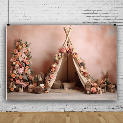 6x4ft Boho First Birthday Backdrop for Girl Pink Flowers Tent Decorations Photography Background Newborn Baby Shower Cake Smash Photoshoot Props - size: 6x4ft