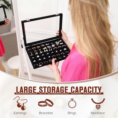 Nosiny 2 Pcs Velvet Jewelry Tray 48 Grid Jewelry Display Tray Organizer Box with Transparent Lid Rings Earrings Necklaces Pendants Display Box for Women Cases Dressing Tables Drawers