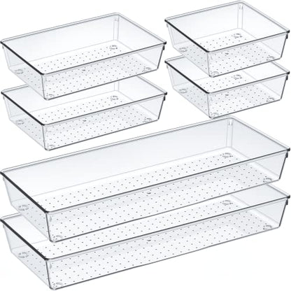 Criusia 6 Pcs Large Size Clear Drawer Organizer Set, Acrylic Non Slip Non Cracking Kitchen Drawer Storage Tray Divider, Multifunctional Storage for Cosmetics, Bathroom, Tools, Kitchen and Office - size: 6 PACK