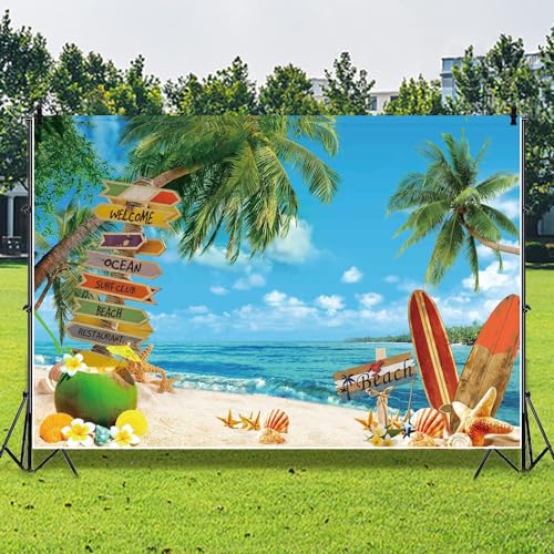 Leowefowa 10x6.5ft Summer Surfboard Party Photography Backdrop Summer Beach Tropical Tree Blue Sky Seaside Background Hawaiian Beach Party Banner Decor Photo Supplies Prop - size: 10x6.5ft