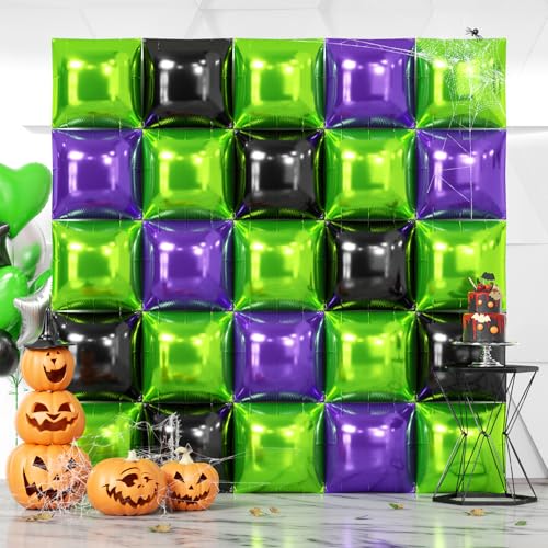 NISOCY 25PCS Green Purple Black Square Foil Balloons Wall Backdrop Metallic Double Sided Light Green Purple Black Balloons Tunnel Arch Kit for Halloween Birthday Graduation New Year Party Decorations - color: G02 - Light Green Purple Black, size: 25PCS