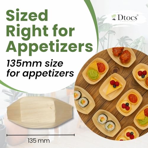 Dtocs 135mm Disposable Wooden Boat Plates 50 Pcs. Biodegradable Wood Serving Boats | Eco-Friendly Food Boats for Sushi, Desserts, Appetizers, Snacks | Alternate to Plastic, Bamboo, Paper Plates - size: 135mm-50 Pcs