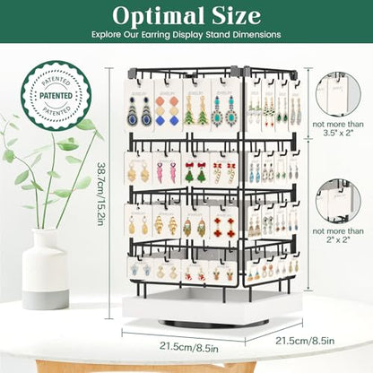 EsLuker.ly Rotating Earring Display Holder Stand for Vendors Events Selling, Large Capacity 64 Hooks Jewelry Rack with Wooden Base for Earring Card Sales, Enhances Retail Display Visibility - color: White+Black