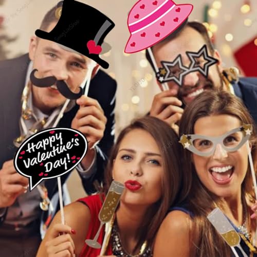 Valentine's Day Photo Booth Props, 25 Pcs Happy Lovers Selfie Photobooth Props, Masks, Love, Glasses, Mustache, Snowman for Wedding Party Decoration Supplies Selfie Dress-Up Props