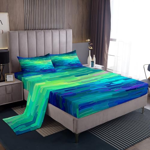 Erosebridal Gradient Tie Dye Sheet Set Full Size,Graffiti Ink Art Bed Sheets for Kids Child,Abstract Oil Painting Fitted Sheet Exotic Contemporary Decor Flat Sheet Boho Room Decor,Blue Green - color: Multi 07, size: Full