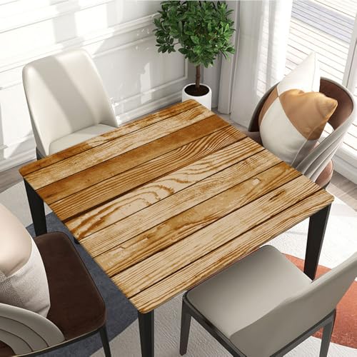 Elastic Edge Square Tablecloth, Wooden Board Brown Old Wood Texture Background Rustic, Polyester Cover for Picnic, Indoor Kitchen, Camping Events, Suit for 28"x28" Square Table - color: Wood Texture -1, size: 28" x 28" (Square)