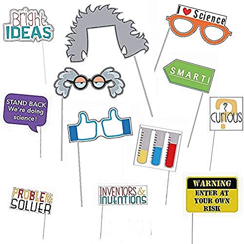 12Pcs Science Photo Booth Props with Stick Mad Scientist Selfie Props Chemistry Laboratory Party Supplies Boy Girl First 1st Bday Baby Shower