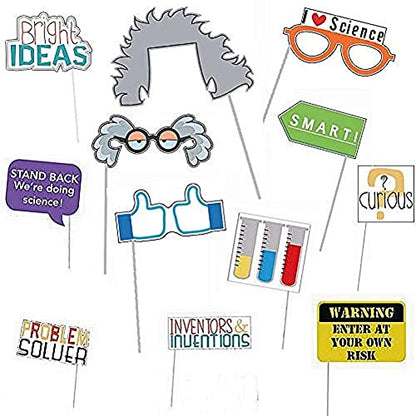 12Pcs Science Photo Booth Props with Stick Mad Scientist Selfie Props Chemistry Laboratory Party Supplies Boy Girl First 1st Bday Baby Shower