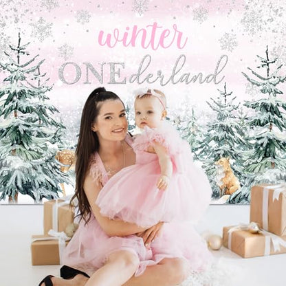 Mocsicka Winter Onederland Backdrop Pink Snowflake Girls First Birthday Photography Background Winter Woodland Animals Happy 1st Birthday Party Banner Decorations Photo Booth Props (8x6ft) - size: 8x6ft