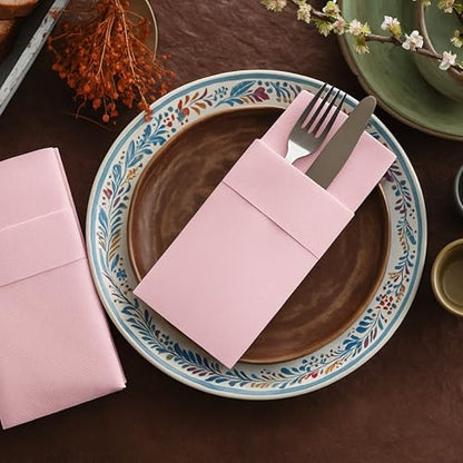 Moyes Home Baby Pink Disposable Dinner Napkins with Pocket - Linen-Feel Pre-Folded Cloth-Like Paper Napkins for Silverware, Weddings, Dinner Parties, 16x16 in, Pack of 50 - color: Baby Pink