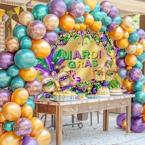 Avezano Mardi Gras Party Backdrop for Festival Carnival Masquerade Photoshoot Photography Background Retro Glitter Gold Green Purple New Orleans Mask Mardi Gras Party Decorations (10x7ft) - size: 10x7ft