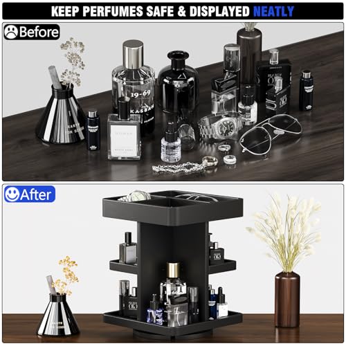 3-Tier Rotating Cologne Organizer for Men, Large-Capacity Wooden Perfume Display Stand for Desk & Nightstand, Rounded Corner Design, Birthday Gift for Men (Black)
