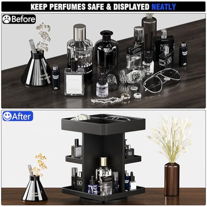 3-Tier Rotating Cologne Organizer for Men, Large-Capacity Wooden Perfume Display Stand for Desk & Nightstand, Rounded Corner Design, Birthday Gift for Men (Black)
