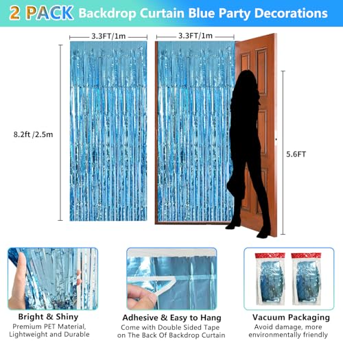 Blue Streamers Party Decorations 3.3x8.2ft 2 Pack Light Blue Tinsel Foil Fringe Curtain Backdrop Ocean Themed Party Decor Photo Booth Props for Birthday Baby Shower Bachelorette Door Hanging Wedding - color: Blue