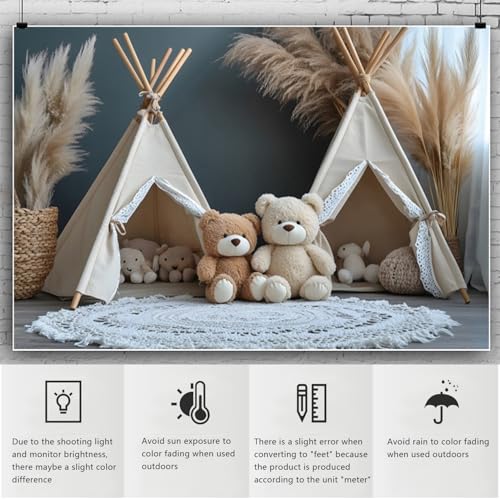 YongFoto Bear Theme Backdrop 6x4ft Tent Blanket Pampas Boho Photography Background Baby Shower Cradle Ceremony Kid Birthday Party Banner Baby Portraits Photoshoot Wallpaper Photo Studio Booth Prop - color: Style 3, size: 6ftx4ft